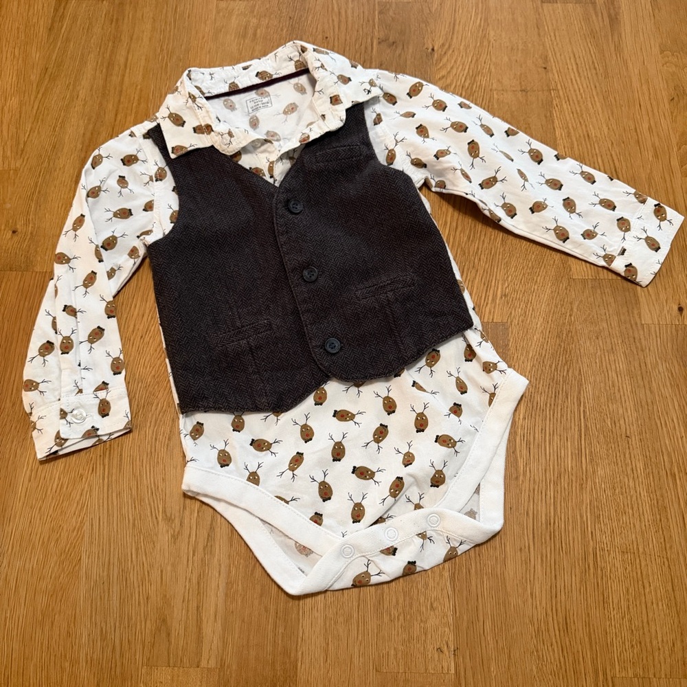 Primark Baby 12-18 MONTHS Christmas Reindeer Long Sleeve One Piece Bodysuit